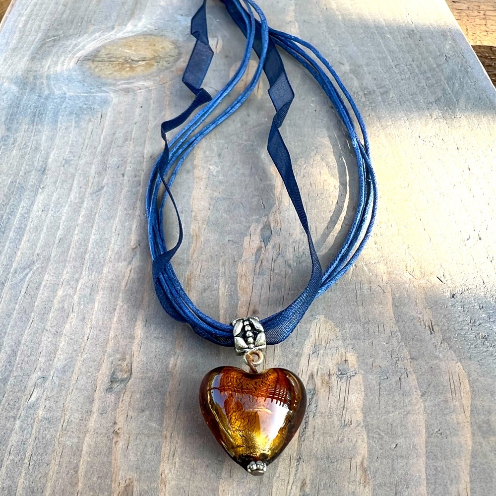 Elegant Murano Glass Heart Pendant Necklace with Blue Ribbon